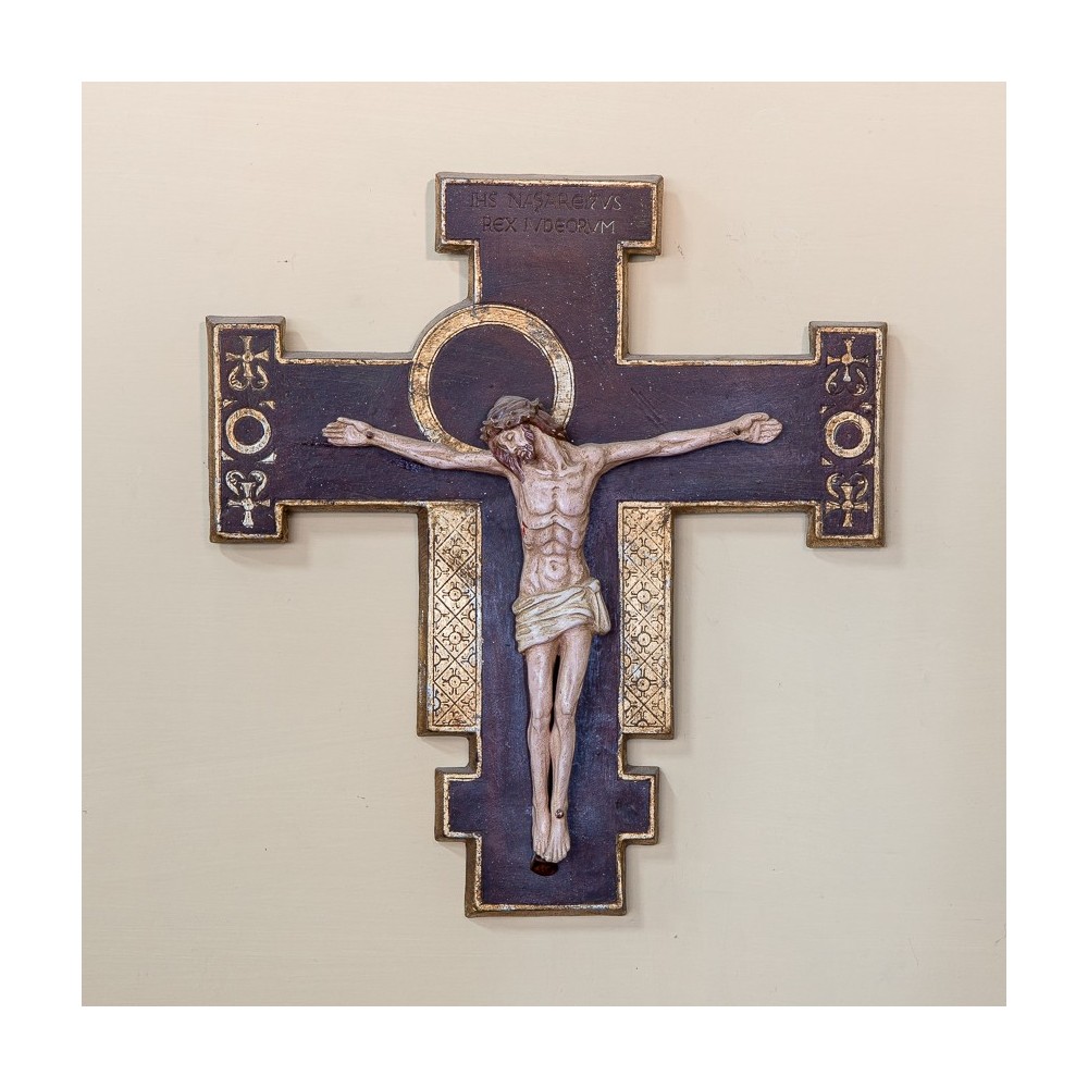 Cimabue Patinated Colored and Gold Ceramic Crucifix
